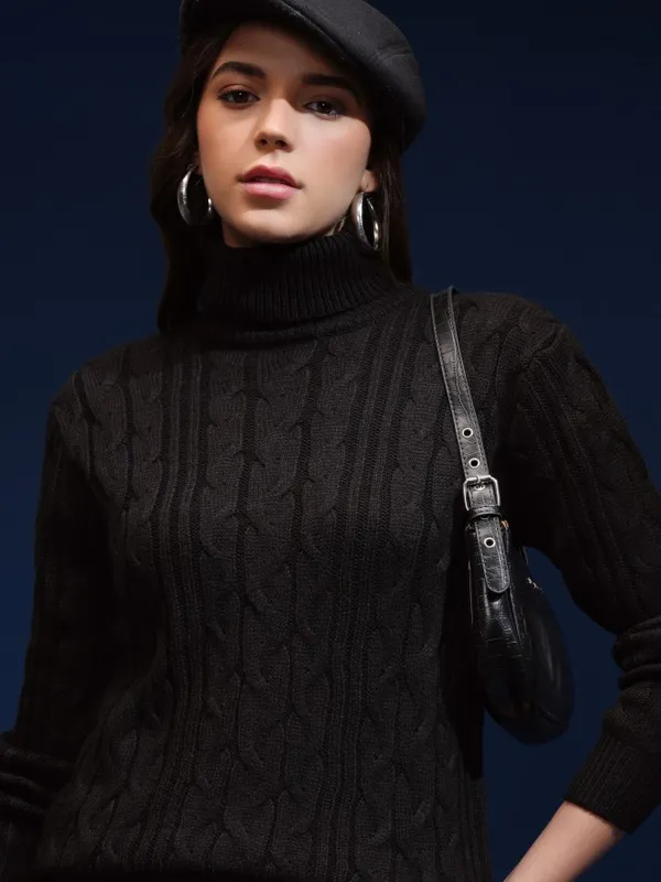 Tokyo Talkies Women Black Turtle Neck Sweater
