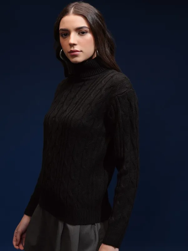 Tokyo Talkies Women Black Turtle Neck Sweater