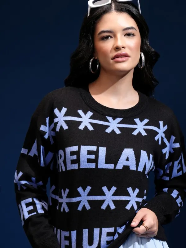 Tokyo Talkies Women Black Round Neck Sweater