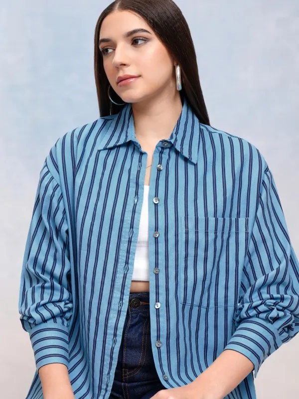 Tokyo Talkies Women Blue Striped Oversized Fit Casual Shirt