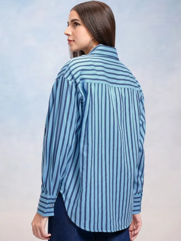 Tokyo Talkies Women Blue Striped Oversized Fit Casual Shirt