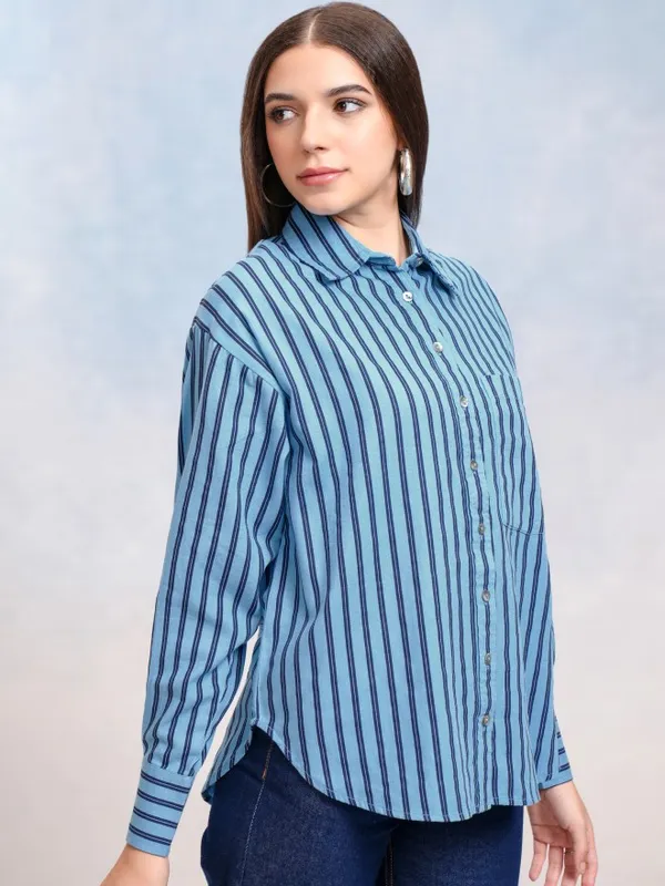 Tokyo Talkies Women Blue Striped Oversized Fit Casual Shirt