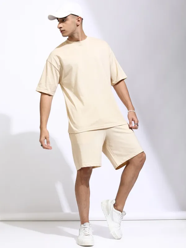 Highlander Men Cream T-Shirt With Shorts Co-Ords