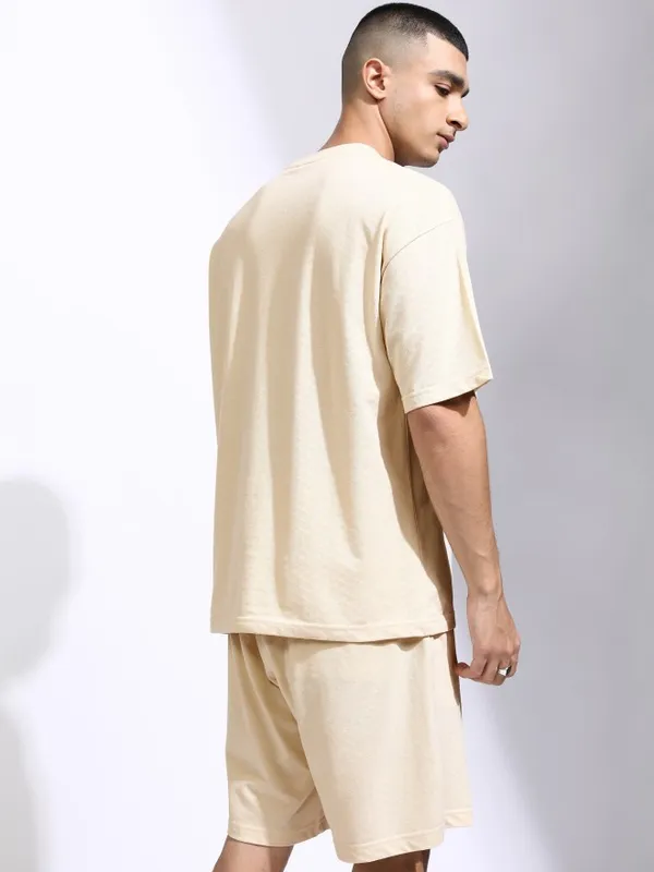 Highlander Men Cream T-Shirt With Shorts Co-Ords