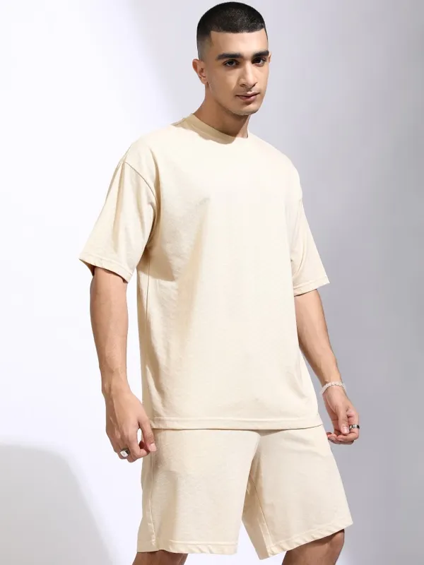 Highlander Men Cream T-Shirt With Shorts Co-Ords