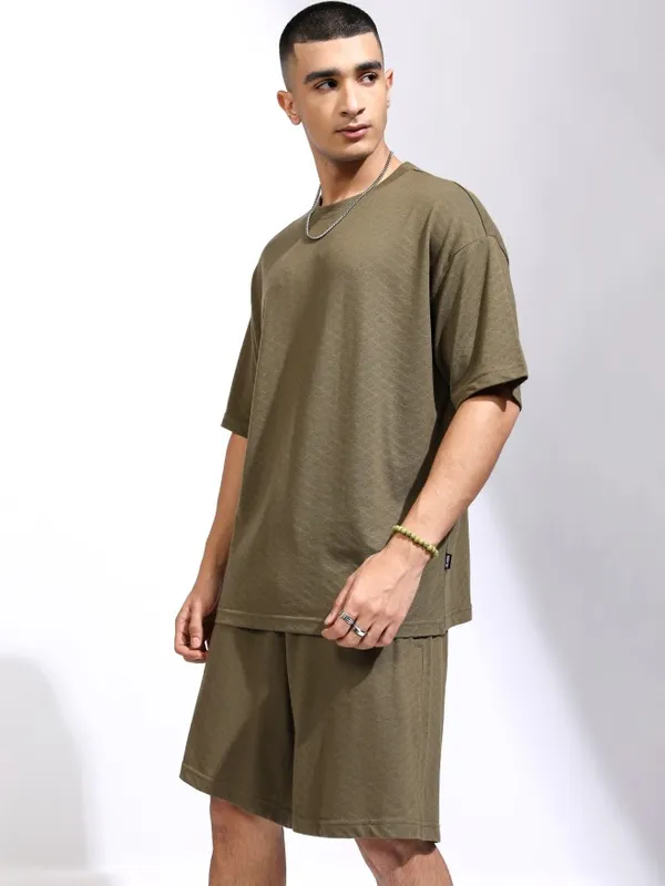 Highlander Men Olive T-Shirt With Shorts Co-Ords