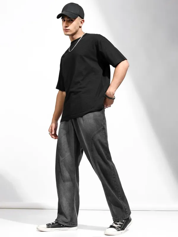 Highlander Men Black Self Design Relaxed Fit T-Shirt