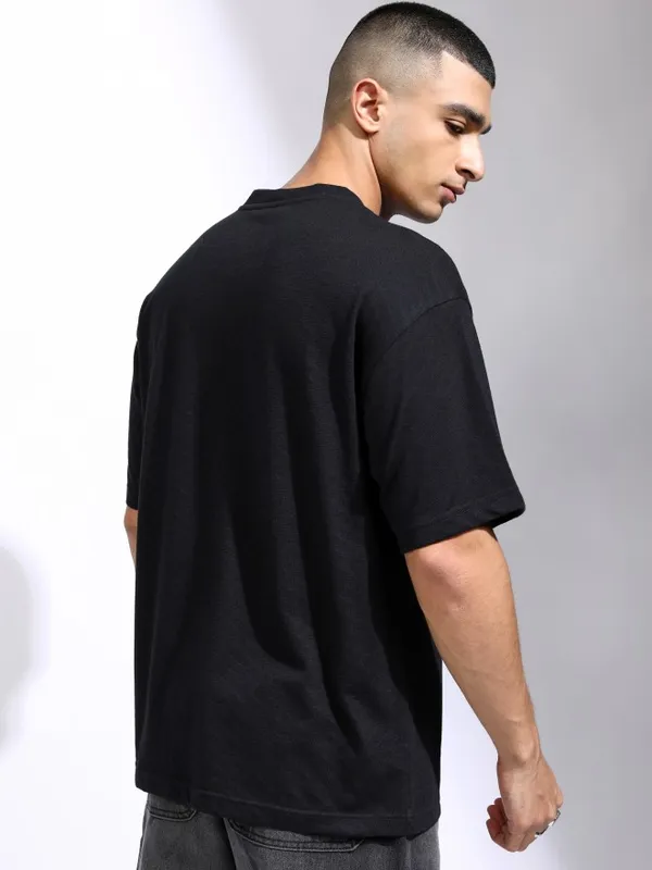 Highlander Men Black Self Design Relaxed Fit T-Shirt