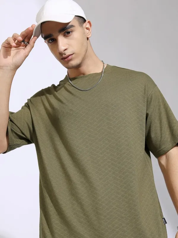Highlander Men Olive Self Design Relaxed Fit T-Shirt
