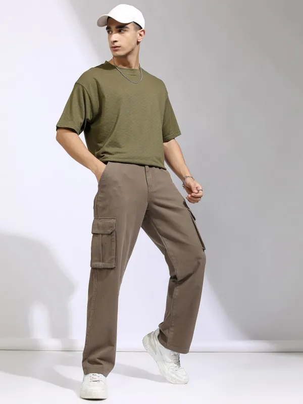 Highlander Men Olive Self Design Relaxed Fit T-Shirt