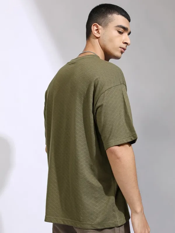 Highlander Men Olive Self Design Relaxed Fit T-Shirt