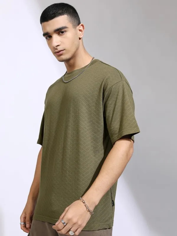 Highlander Men Olive Self Design Relaxed Fit T-Shirt