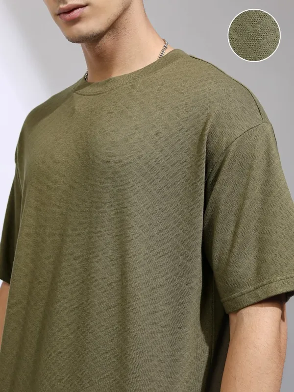 Highlander Men Olive Self Design Relaxed Fit T-Shirt