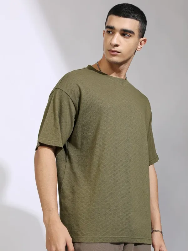 Highlander Men Olive Self Design Relaxed Fit T-Shirt