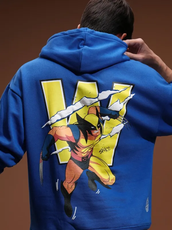 Marvel By Highlander Men Blue X-Men & Wolverine Hood Oversized Fit Pullover Sweatshirt