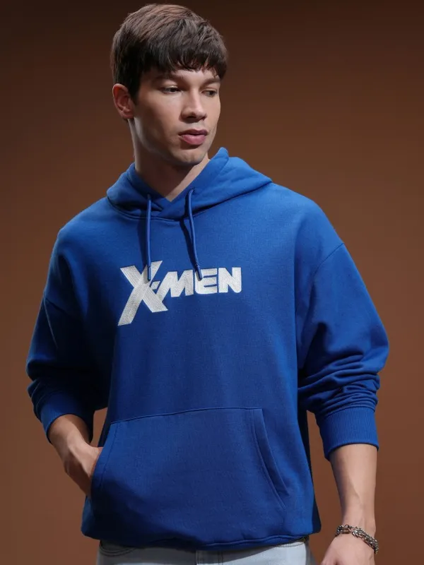 Marvel By Highlander Men Blue X-Men & Wolverine Hood Oversized Fit Pullover Sweatshirt