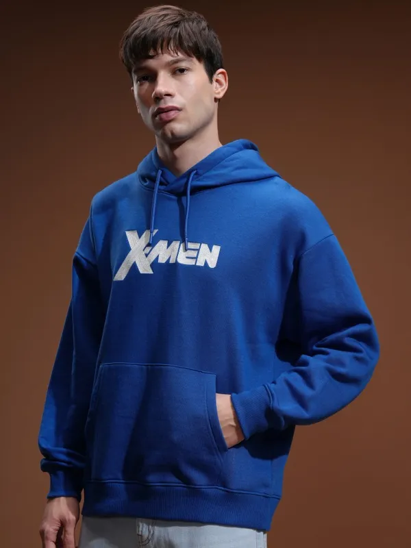 Marvel By Highlander Men Blue X-Men & Wolverine Hood Oversized Fit Pullover Sweatshirt