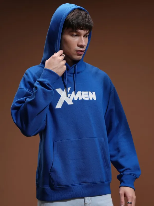 Marvel By Highlander Men Blue X-Men & Wolverine Hood Oversized Fit Pullover Sweatshirt