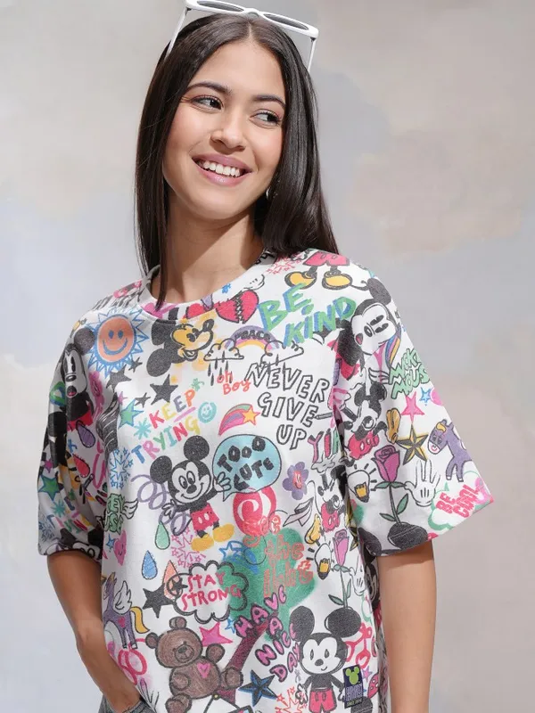 Disney By Tokyo Talkies Women White Mickey Mouse Printed Round Neck T-Shirt