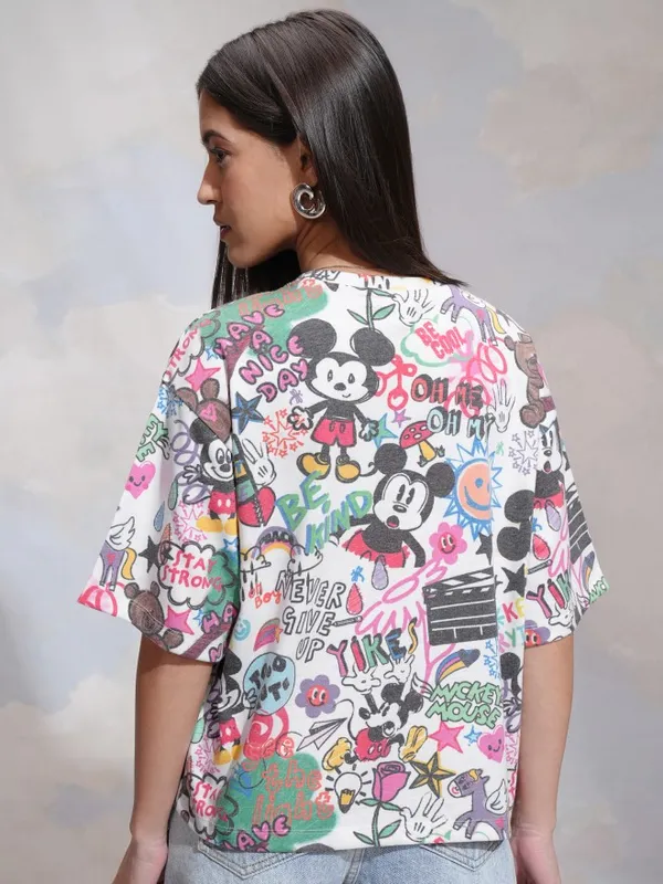 Disney By Tokyo Talkies Women White Mickey Mouse Printed Round Neck T-Shirt
