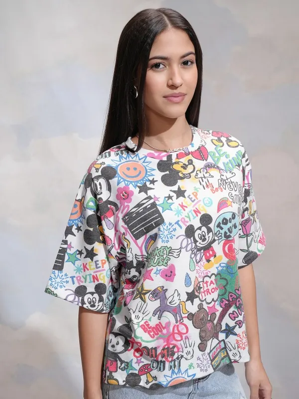 Disney By Tokyo Talkies Women White Mickey Mouse Printed Round Neck T-Shirt