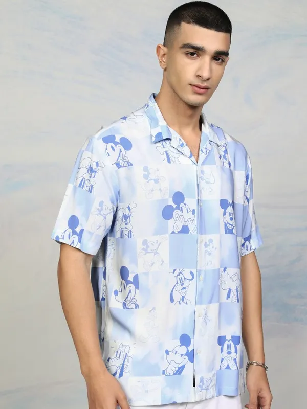 Disney By Highlander Men Blue Mickey Mouse Printed Relaxed Fit Casual Shirt