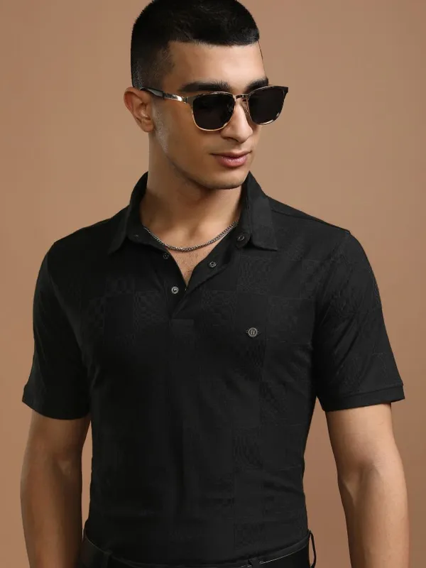 Highlander Men Black Self Design Polo Collar T-Shirt