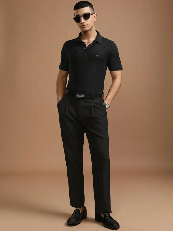 Highlander Men Black Self Design Polo Collar T-Shirt