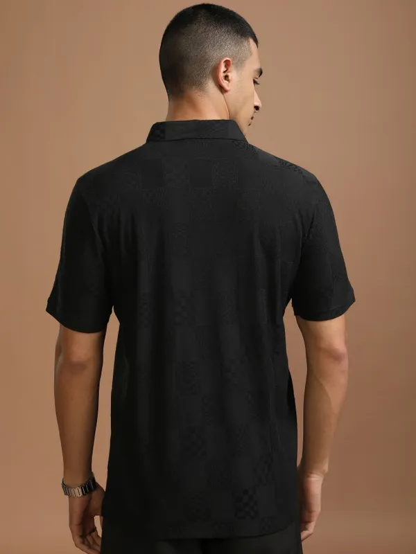 Highlander Men Black Self Design Polo Collar T-Shirt