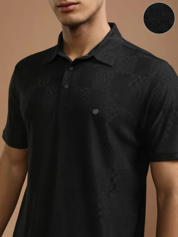 Highlander Men Black Self Design Polo Collar T-Shirt