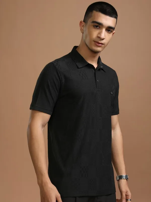 Highlander Men Black Self Design Polo Collar T-Shirt