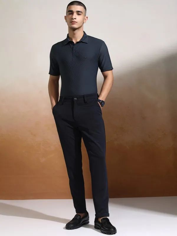 Highlander Men Charcoal Self Design Polo Collar T-Shirt