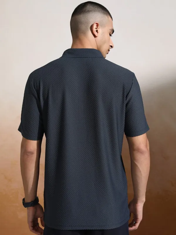 Highlander Men Charcoal Self Design Polo Collar T-Shirt