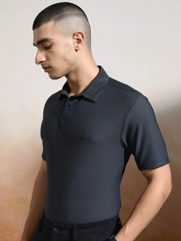 Highlander Men Charcoal Self Design Polo Collar T-Shirt