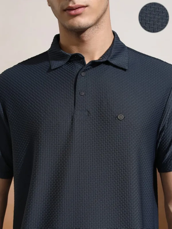 Highlander Men Charcoal Self Design Polo Collar T-Shirt