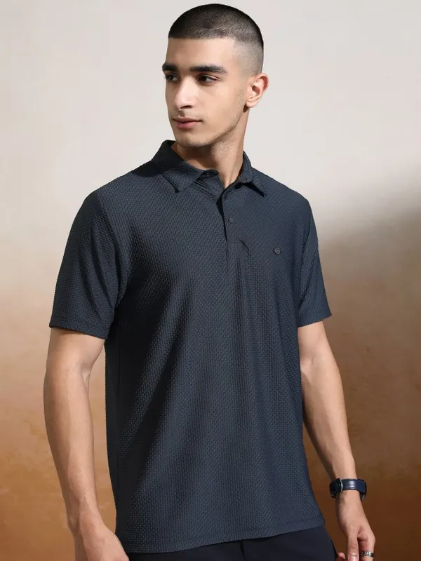 Highlander Men Charcoal Self Design Polo Collar T-Shirt