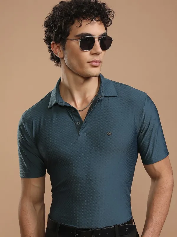Highlander Men Teal Self Design Polo Collar T-Shirt