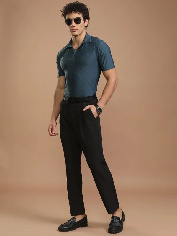 Highlander Men Teal Self Design Polo Collar T-Shirt