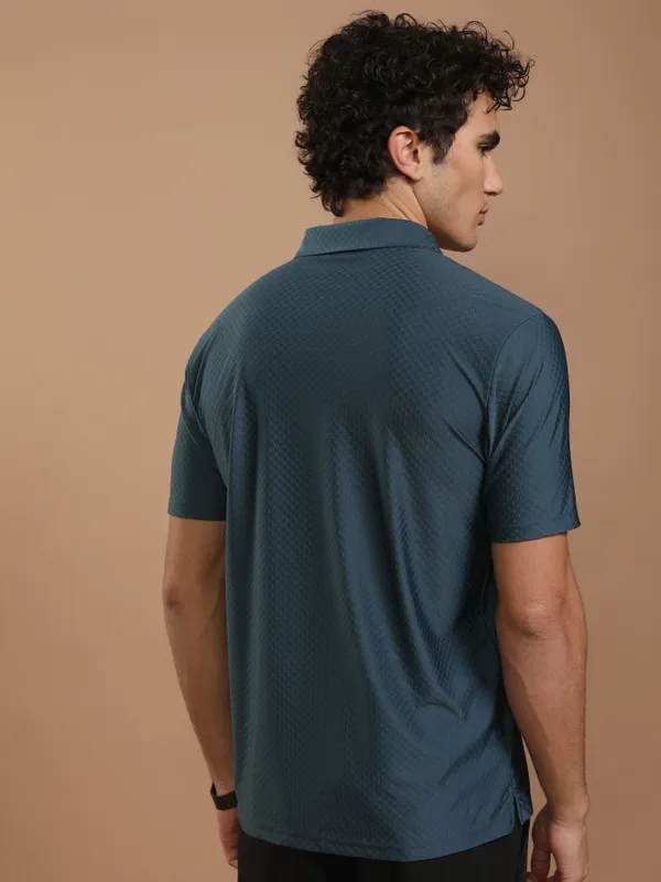 Highlander Men Teal Self Design Polo Collar T-Shirt