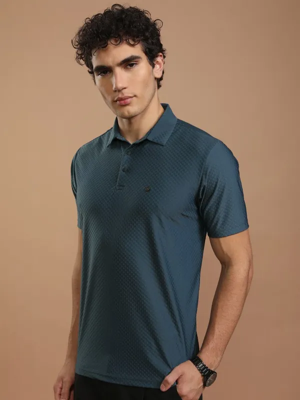 Highlander Men Teal Self Design Polo Collar T-Shirt