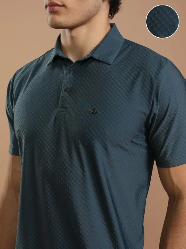 Highlander Men Teal Self Design Polo Collar T-Shirt