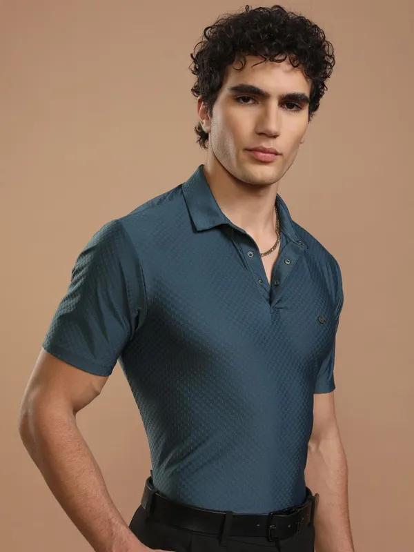 Highlander Men Teal Self Design Polo Collar T-Shirt
