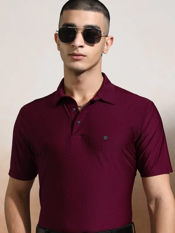 Highlander Men Maroon Self Design Polo Collar T-Shirt