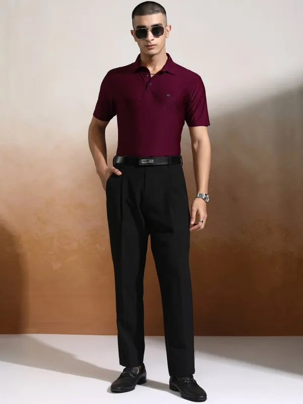Highlander Men Maroon Self Design Polo Collar T-Shirt