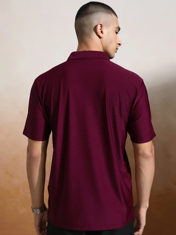 Highlander Men Maroon Self Design Polo Collar T-Shirt