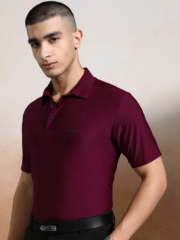 Highlander Men Maroon Self Design Polo Collar T-Shirt