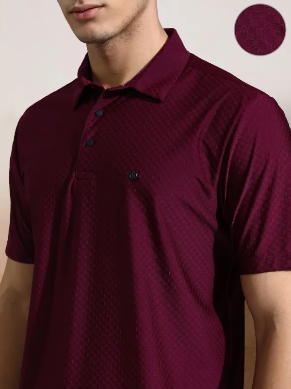 Highlander Men Maroon Self Design Polo Collar T-Shirt