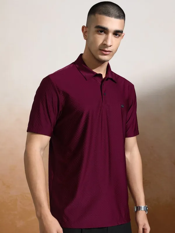Highlander Men Maroon Self Design Polo Collar T-Shirt