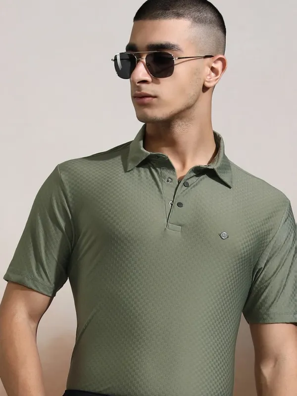 Highlander Men Olive Self Design Polo Collar T-Shirt