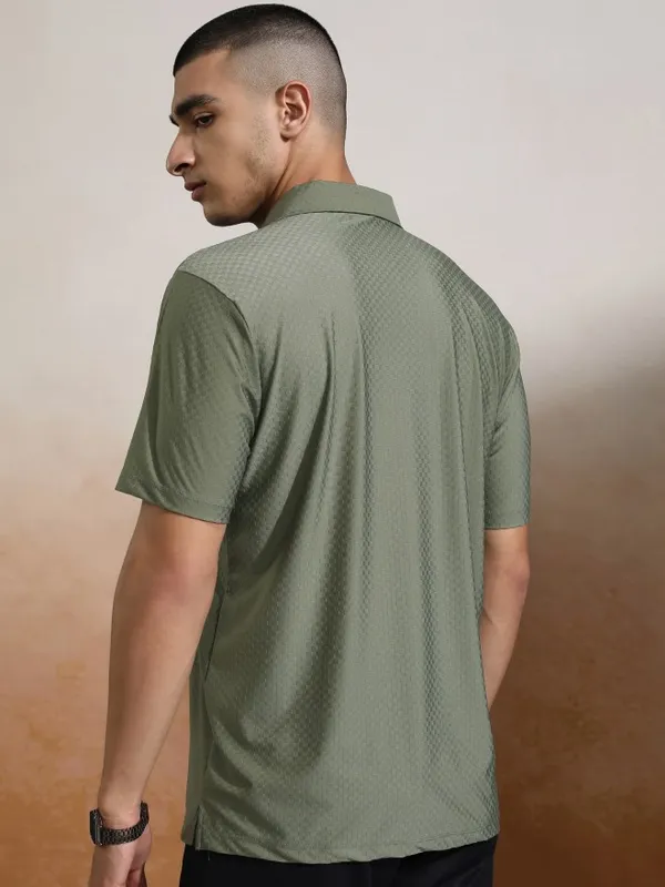 Highlander Men Olive Self Design Polo Collar T-Shirt